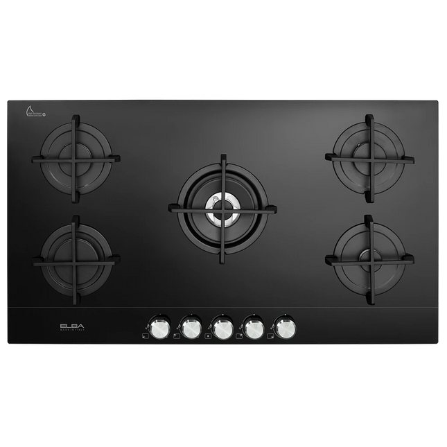 ELBA Elio Ceramic Glass Built In Gas Hob, 5 Burners, 90 cm, Stainless Steel - EL