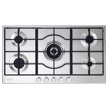 Gas Hob, 90 cm, Stainless Steel, 5 Burners, Double Flame Burner, Front Control Knobs, Cast Iron Pan Supports, Full Safety System, Automatic Ignition