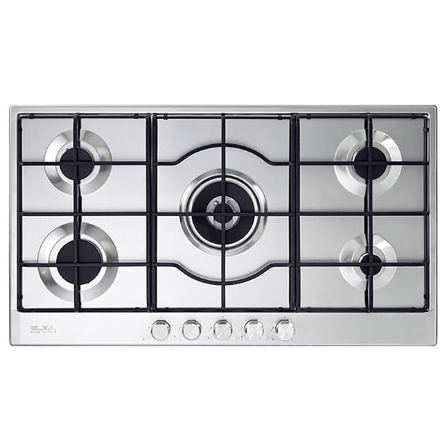 Gas Hob, 90 cm, Stainless Steel, 5 Burners, Double Flame Burner, Front Control Knobs, Cast Iron Pan Supports, Full Safety System, Automatic Ignition