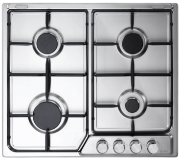 Gas Hob, 60 cm, Stainless Steel, 4 Burners, Front Control Knobs, Enamel-Coated Iron Pan Supports, Full Safety System, Automatic Ignition